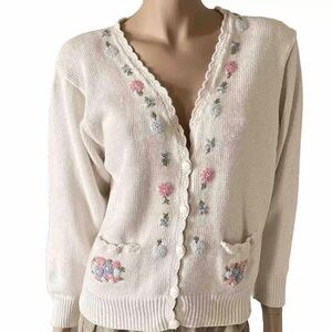 Vtg Sweater Floral Embroidered Knit Button Up Cardigan Huntington Ridge Ramie